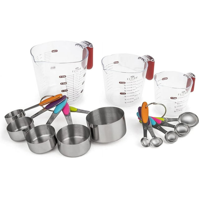 Elitra Home Juego de Tazas y Cucharas Medidoras de 13 Piezas, Incluye 10 Cucharas Medidoras de Acero Inoxidable y 3 Tazas Medidoras de Plástico