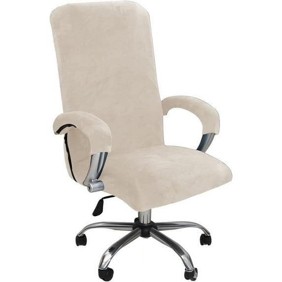 Mictong plush elastic computer office chair cover, with armrests, solid color protective cover, detachable elastic universal desk and chair cover, beige color, XL， 1 set