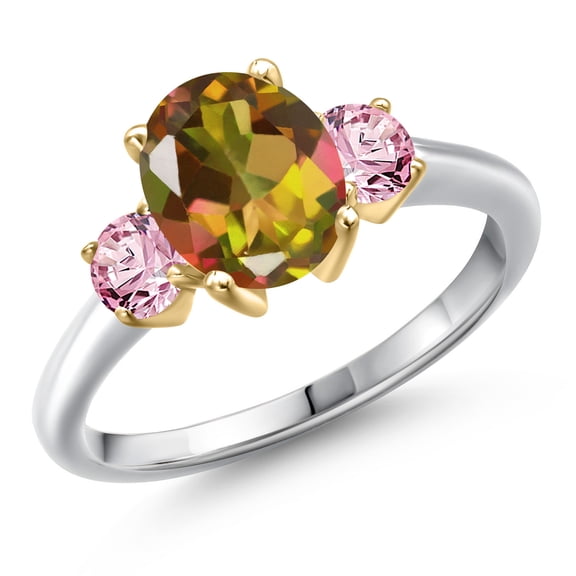 Gem Stone King 10K Two Tone Gold Mango Mystic Topaz and Pink Lab Grown Diamond Engagement Ring for Women | 2.50 Cttw | Oval 9X7MM | Gemstone November Birthstone | Size 5