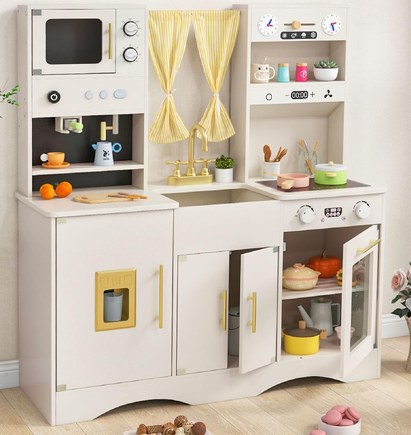 COSTWAY Cuisine En Bois Enfant 110x43x92 Cm – Effets Sonores Et Lumières, Micro-ondes, Cafetière, Machine à Glaçons – Jeu D'imitation 3 Ans+