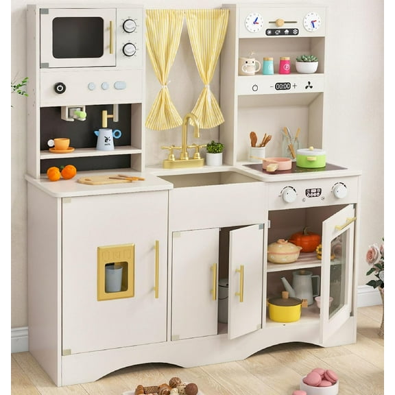 OLAKIDS Kids Kitchen Playset, Cooking Toy Kitchen Set with Coffee Machine Stove Removable Sink Microwave Storage Cabinet, Simulation Wooden Play Kitchen for Toddler Boys Girls (Cream White)