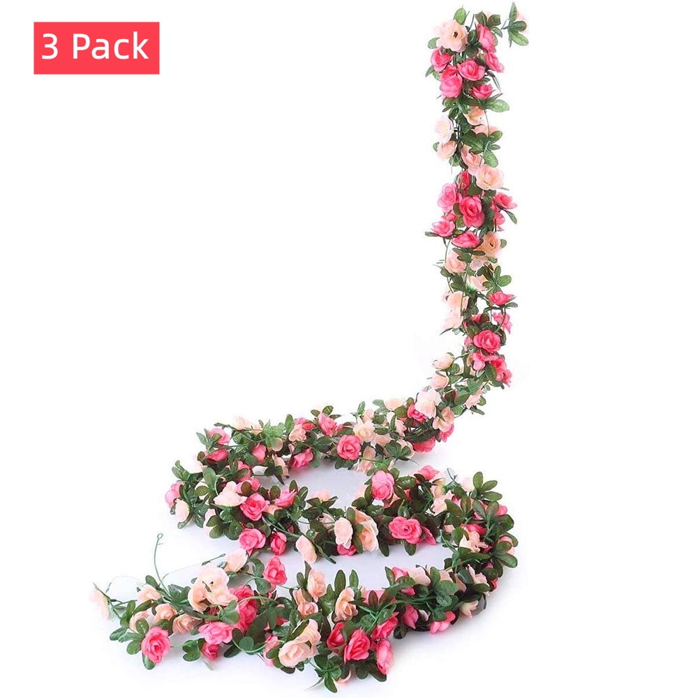 3 Pack 8 FT Spring Flower Garland Fake Rose Vine, Happiwiz Spring Flowers Plants Artificial Flower Hanging Rose Ivy Home Hotel Office Wedding Party Garden Craft Art Decor Pink