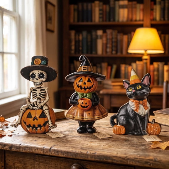 3 Pack Vintage Halloween Wooden Tabletop Cutout Signs, Pumpkin Witch Skeleton Flat Wood Ornaments, Festive Decor for Mantel Coffee Desk Tiered Tray Indoor Holiday Arrangement