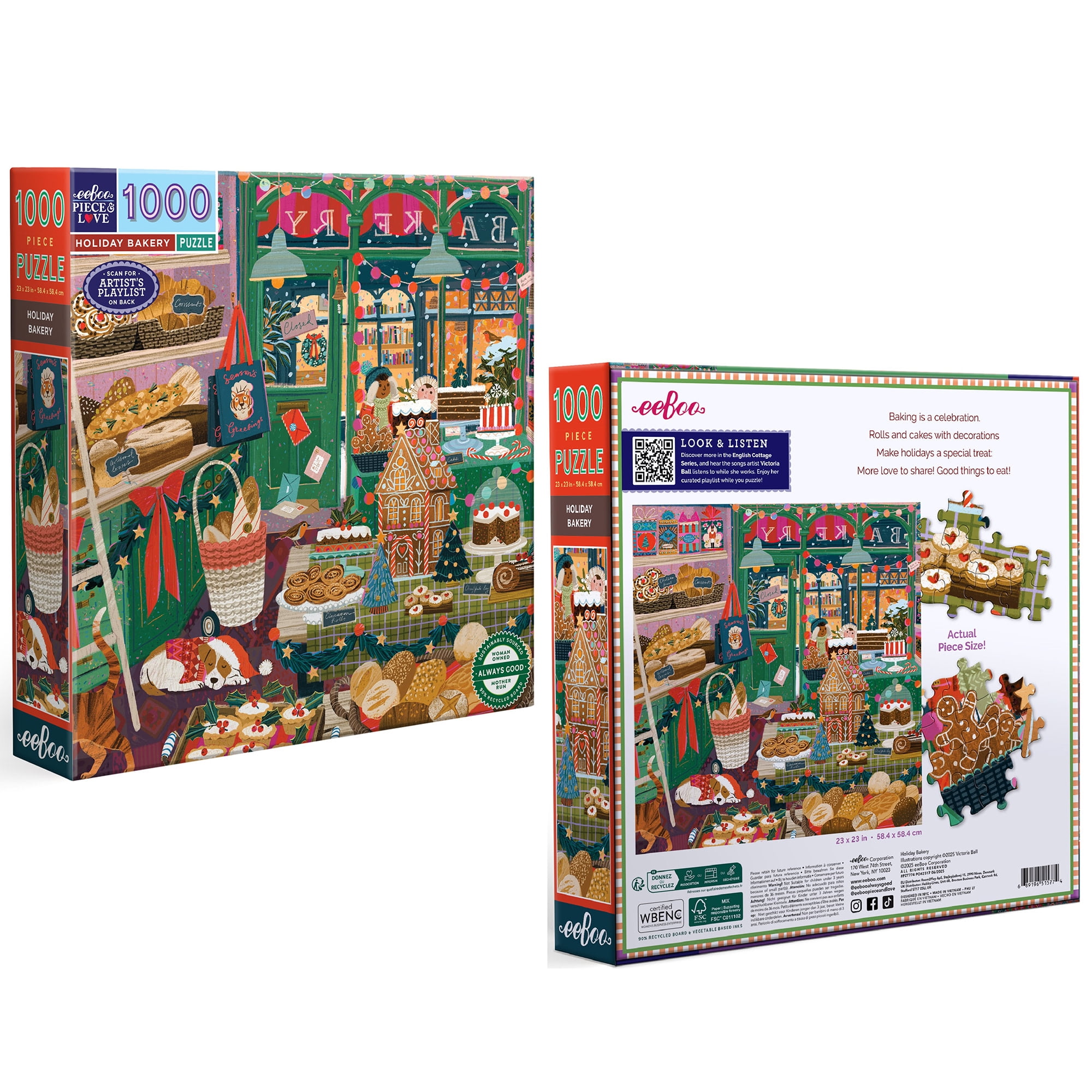 eeBoo Piece & Love: Holiday Bakery - 1000 Piece Puzzle - 23" Square Adult Jigsaw, Victoria Ball’s Cozy English Cottage Bakery Scene, Eco-Friendly