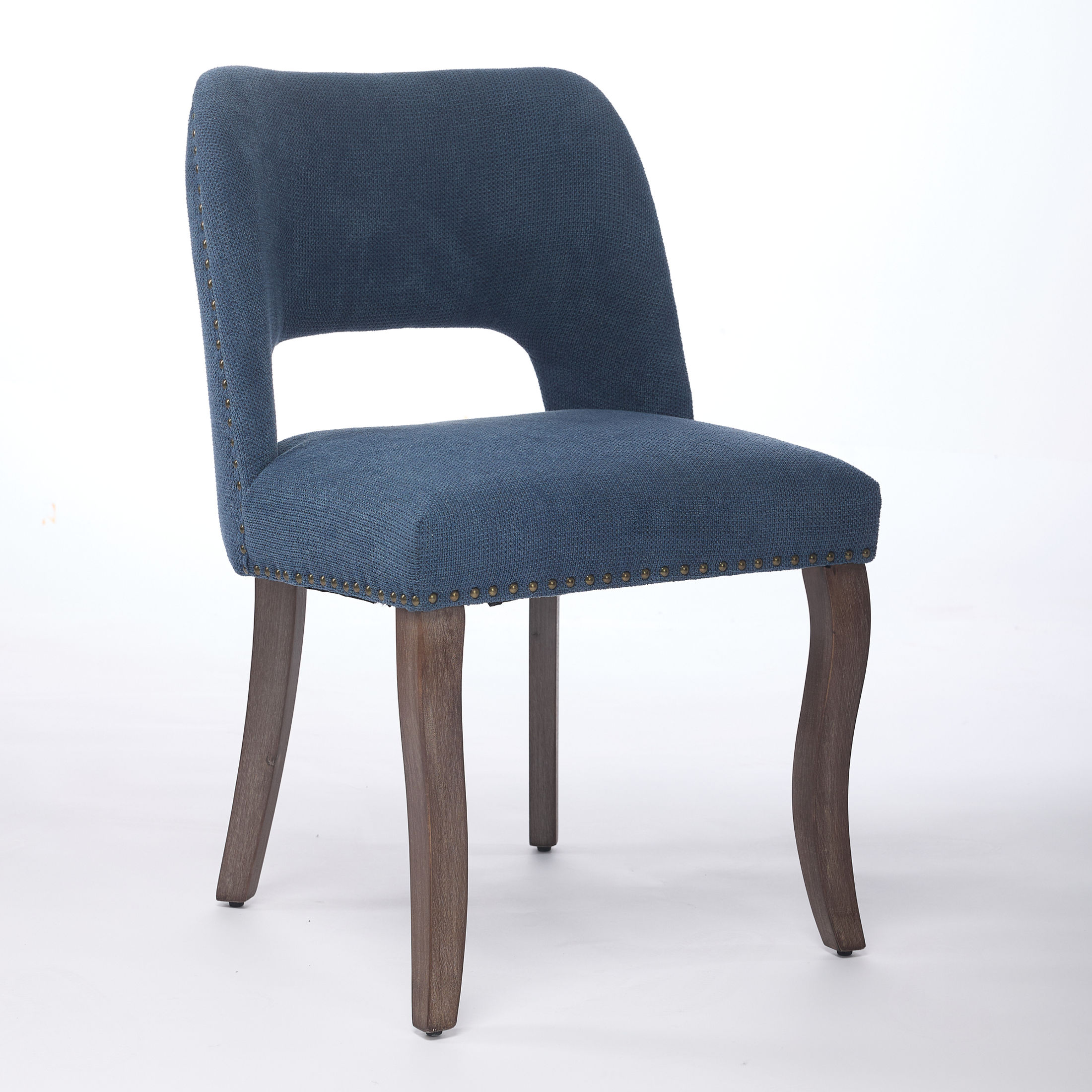 GDF Studio 22.8" Farmhouse Dining Chairs Set of 2 with Fabric Upholstery, Curved Rubberwood Legs, Blue