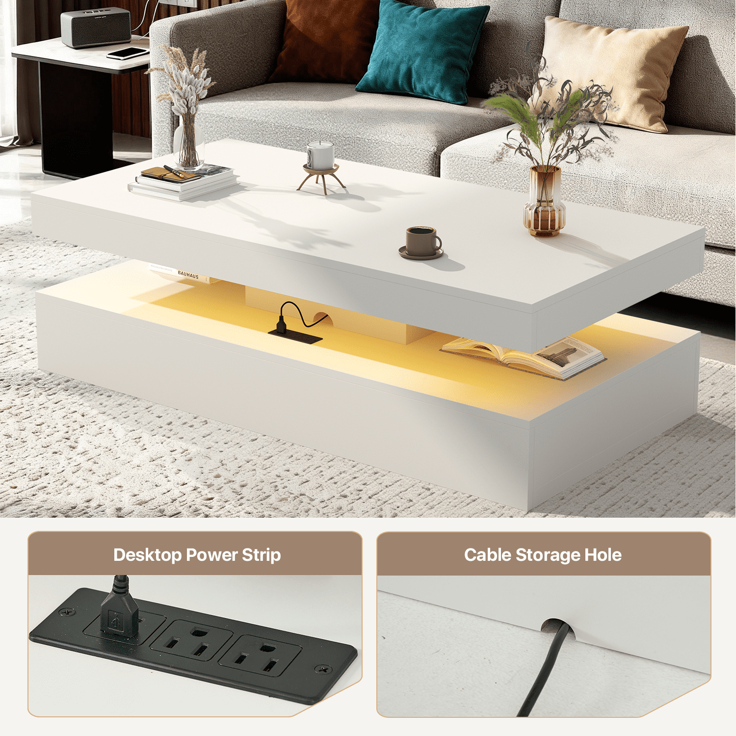 BaPiPro 47 Inch Modern LED Coffee Table with 2 Drawers, USB Charging & Smart Control, Large Center Table for Living Room, White