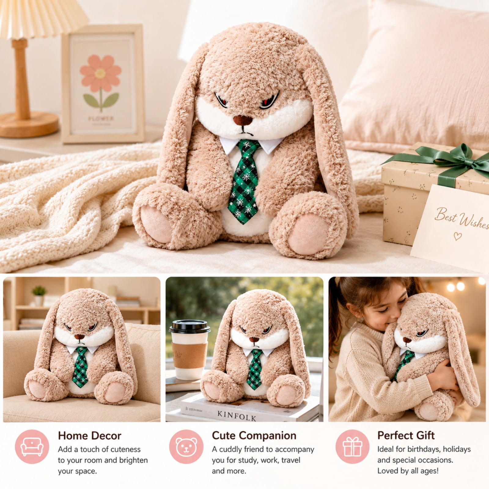 Long Ear Bunny Plush Toy with Tie Soft Stuffed Rabbit Doll Cute Gift Plushie