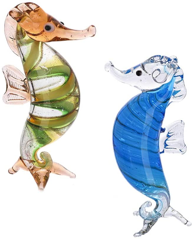Handmade Glass Blue Seahorse Collectible Art Glass Blown Animal Figurine Gift 