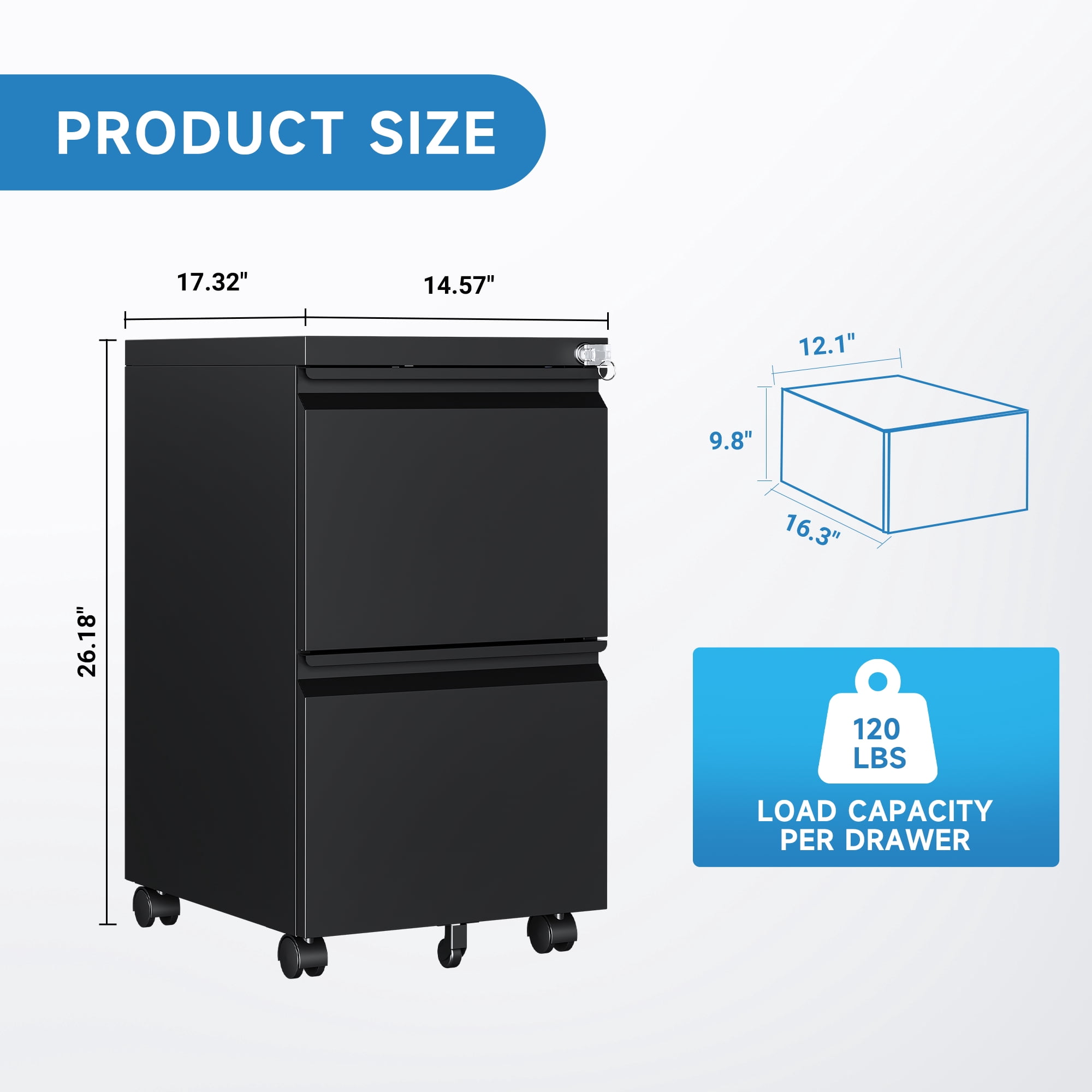 Fesbos 2 Drawer Mobile File Cabinet with Lock, Metal Rolling Filing Cabinets for Home Office, Fully Assembled, Black, Fits Letter/Legal/A4 Size Files