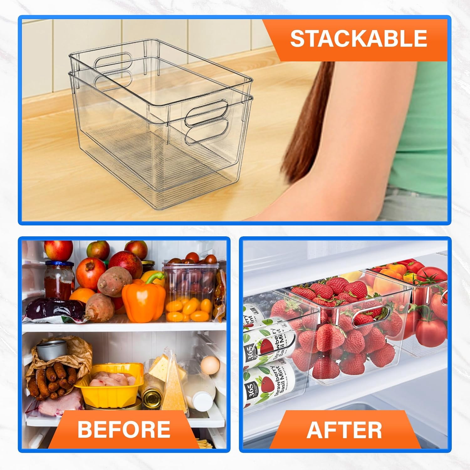 Stackable Refrigerator Bins - Set of 2 Large Capacity Organizers with Easy Grip Handles - Clear and Versatile for Kitchen Storage