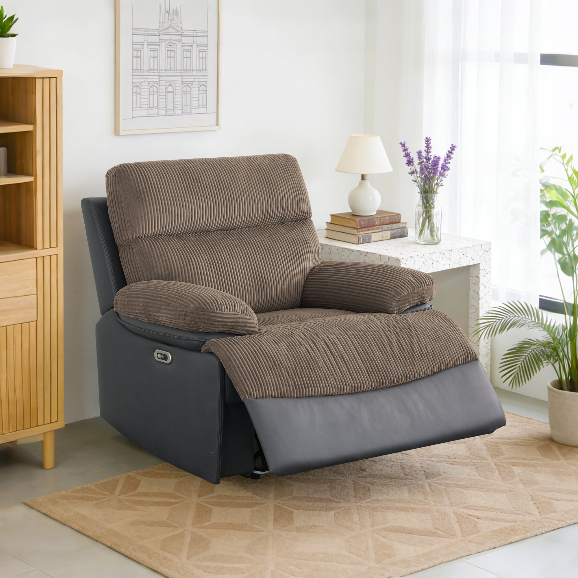Gewnee Power Recliner Chair, Adjustable Reclining Lounge Chair with USB Ports, LED Lights, Flocking Upholstered Single Sofa Recliner for Living Room, Office, Brown&Blackish Gray