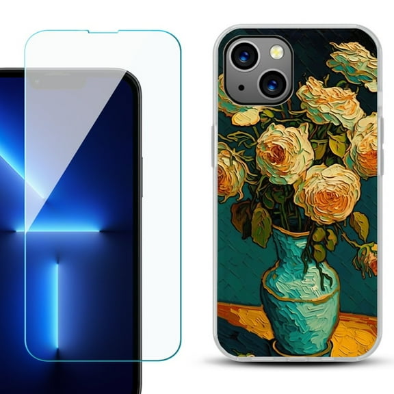 Slim-Fit TPU Phone Case for iPhone 14, with Tempered Glass Screen Protector, by OneToughShield ® - Roses in a vase