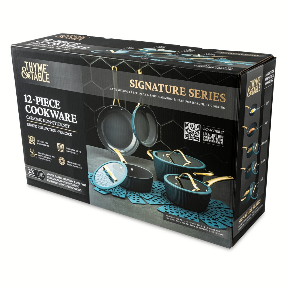 Thyme & Table 12-Piece Ceramic Non-Stick Signature Ribbed Cookware Set, Non-Toxic Pots and Pans Set - Peacock Blue