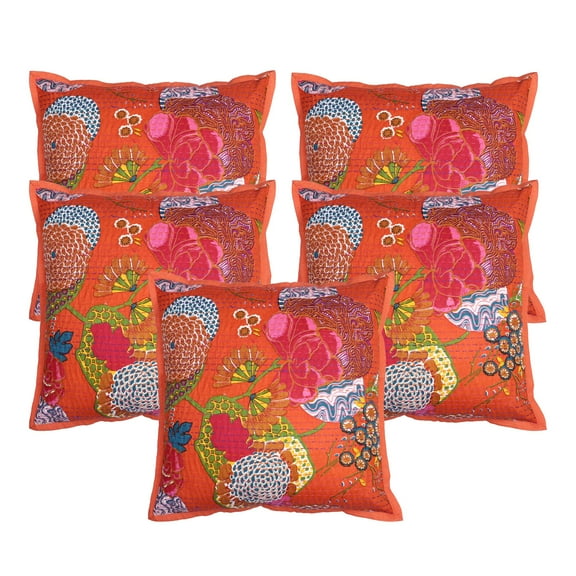 Stylo Culture Ethnic Couch Throw Pillow Covers 18x18 Kantha Printed Orange Hand Stitched 45cm x 45cm Home Decor Cotton Tropicana Square Cushion Covers | Set Of 5