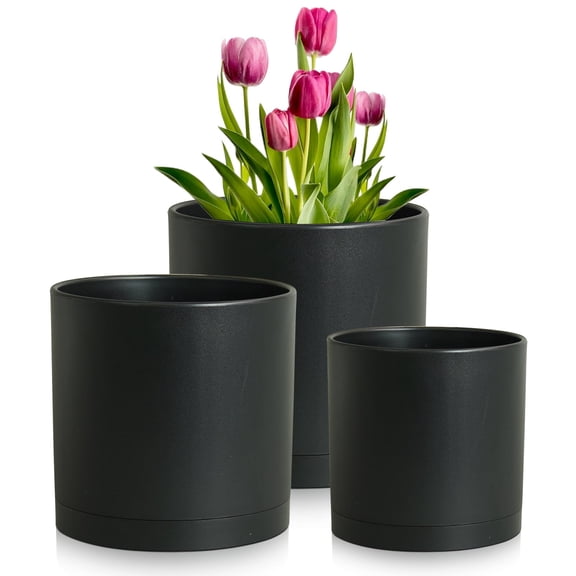 8/7/6 inch Plant Pots, 3 Set Cylinder Flower Pots for Outdoor Indoor Plants, Decorative Plastic Planters with Drainage Holes and Saucers for Garden House Plants, Black