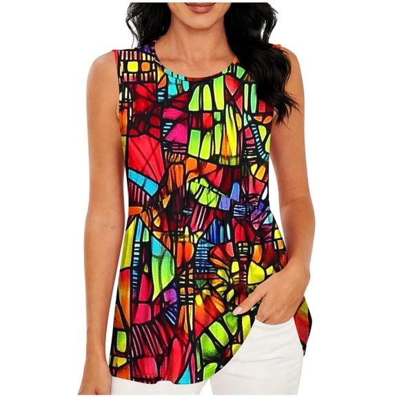 LYEAA Floral Tank Tops for Women Sleeveless Crewneck Loose Tunic Shirts Print Summer Pullover Tees Casual Clothes