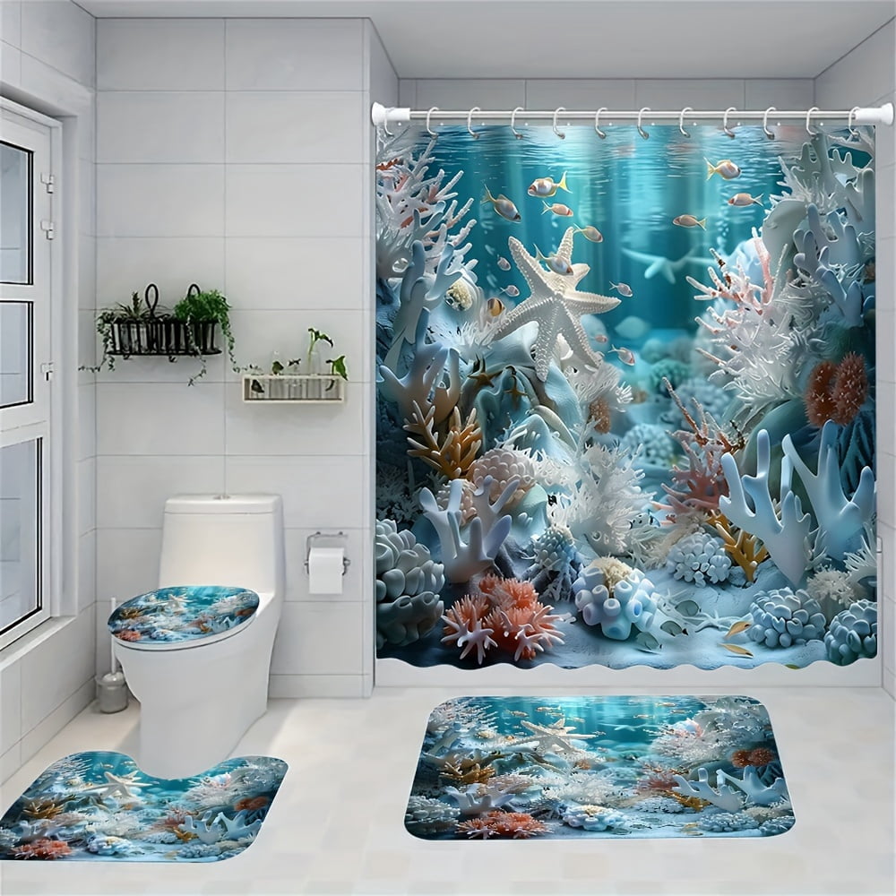4pcs Ocean Style Shell Starfish Shower Curtain Set Bathroom Set Waterproof Shower Curtains Non-Slip Floor Mat Toilet Seat Cover, Bath Mat and 12 Plastic Hooks Bathroom Accessories Home Decor