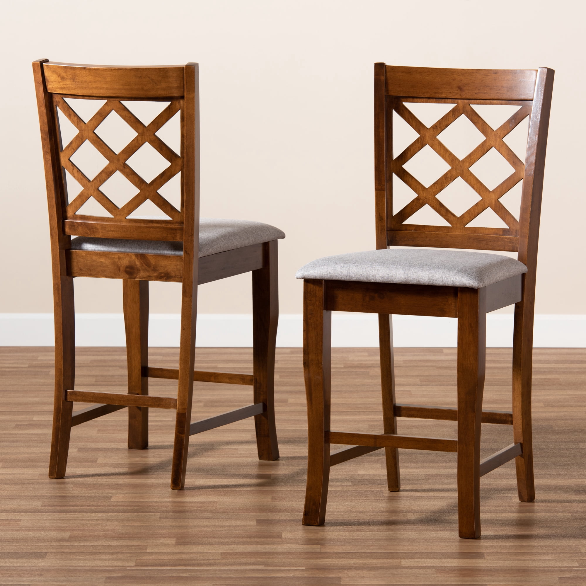 Baxton Studio Aria Modern and Contemporary Grey Fabric Upholstered and Walnut Brown Finished Wood 2-Piece Counter Height Pub Chair Set