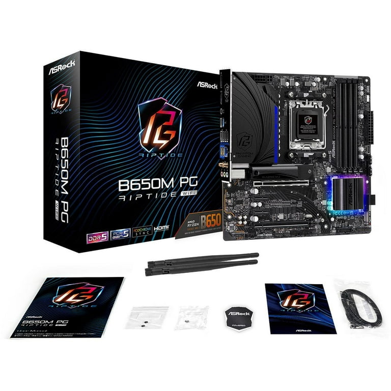 ASRock B650M PG RIPTIDE WIFI AM5 Micro-ATX Motherboard, 4 slots DDR5, 2x PCIe 4.0 x16 Slot, Dual M.2 slots, 2.5Gb Lan, WI-FI AX, 7.1 Nahimic Audio , ASRock B650M PG RIPTIDE WIFI AM5 Micro-ATX Motherboard, 4 slots DDR5, 2x PCIe 4.0 x16 Slot, Dual M.2 slots, 2.5Gb Lan, WI-FI AX, 7.1 Nahimic Audio ,