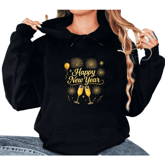 Cheers Happy New Year Theme Gold Letter Graphic breathability Tee T Shirt Tops Hooded long-sleeved Black S-2XL