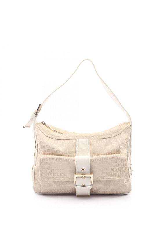 Pre-Owned Fendi Micro FF Shoulder Bag/Handbag, Canvas and Leather, Women's, Beige/White
