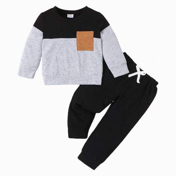 Toddler Baby Boy Fall Winter Outfits 6 12 18 24 Months 2T 3T 4T Long Sleeve Crew Neck Patchwork Pullover Sweatshirt and Joggers Pants Clothes Set,Black,6-9 Months