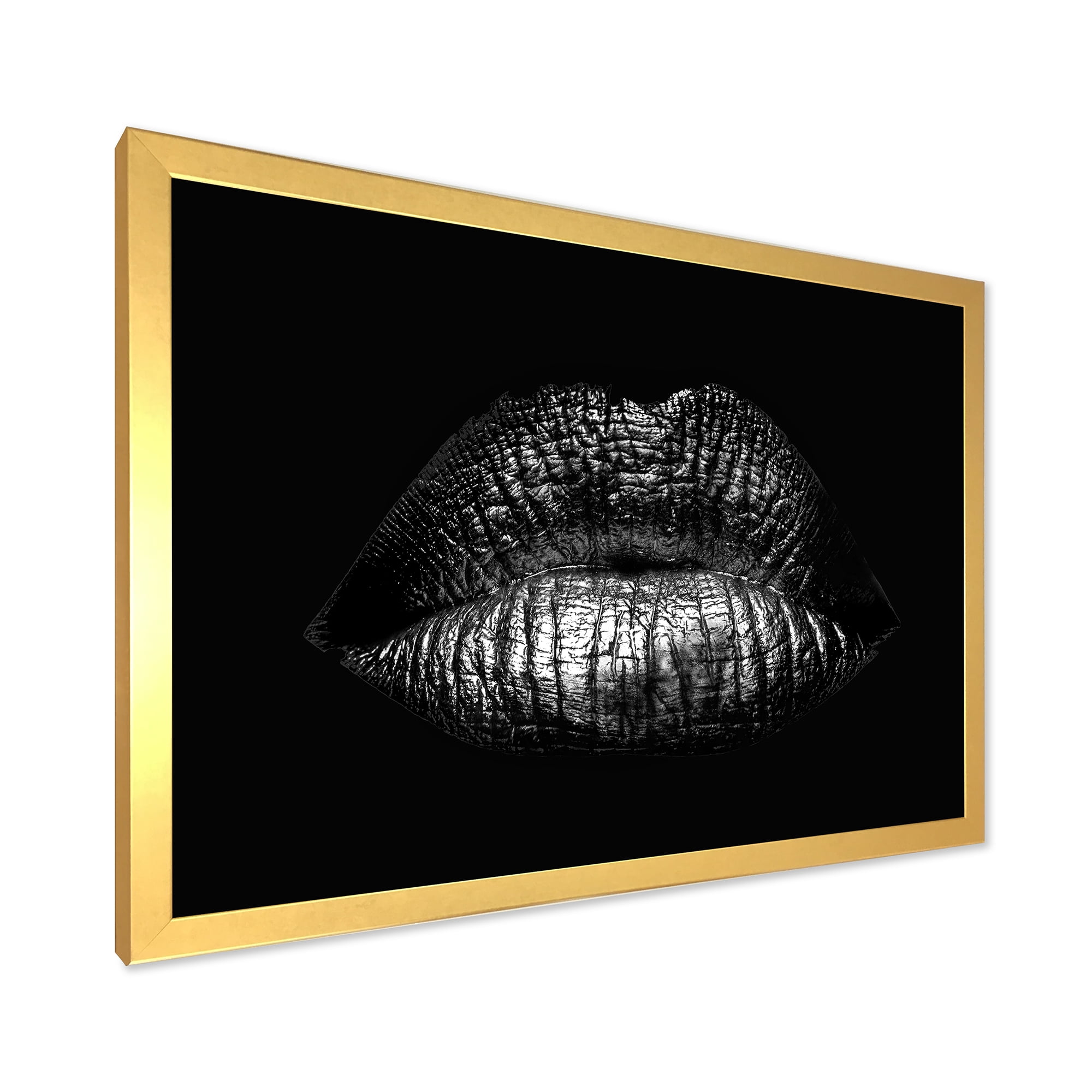 Designart 'Sexy Golden Metallized Woman Lips I' Modern Framed Art Print