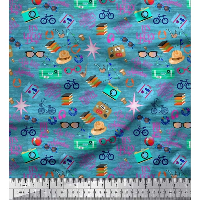 Soimoi Rayon Fabric Camera,Hat & Briefcase Travel Decor Fabric Printed Yard 42 Inch Wide