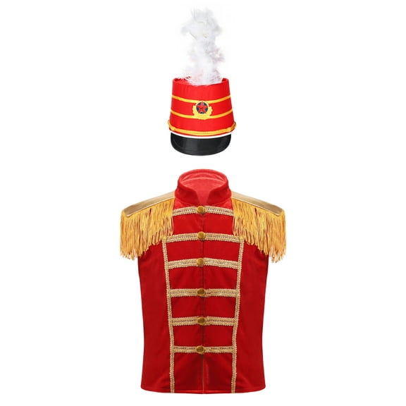 iiniim Boys Drum Band Uniform Festival Party Performance Outfit Tassel Jacket with Hat Set Red 6