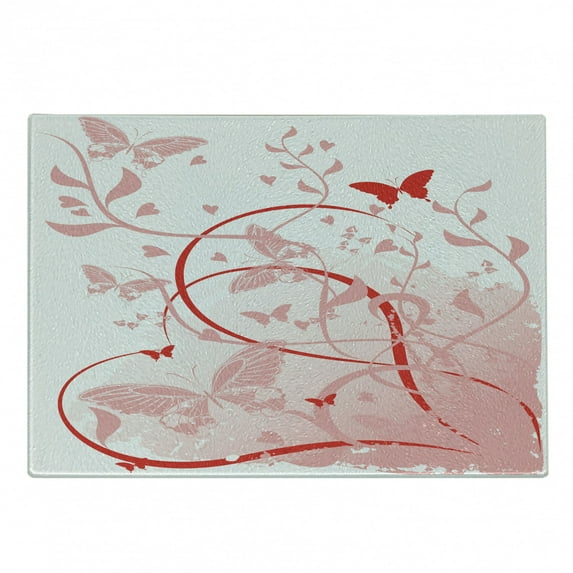 Orange and Pink Cutting Board, Warm Colors Victorian Style Arrangement of Swirls and Lines, Decorative Tempered Glass Cutting and Serving Board, Small Size, Vermilion and Pale Pink, by Ambesonne