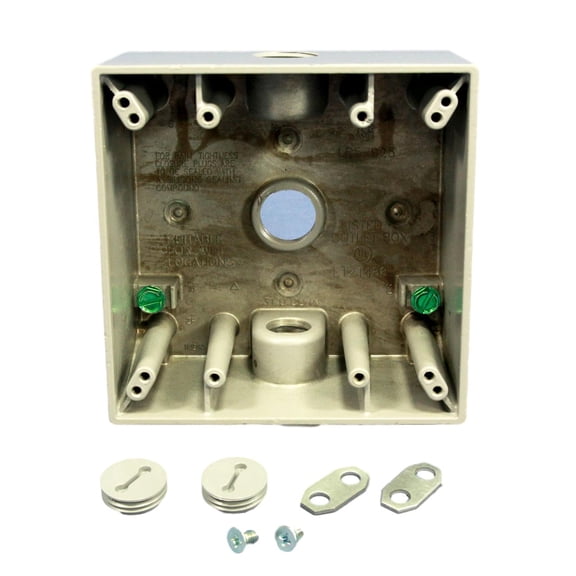 Pass & Seymour Legrand WPB232 2-Gang Weatherproof Outdoor Electrical Box, 3 Openings for 1/2" Fittings, 4.5"x4.5"x2.24", Die-Cast Aluminum, Gray