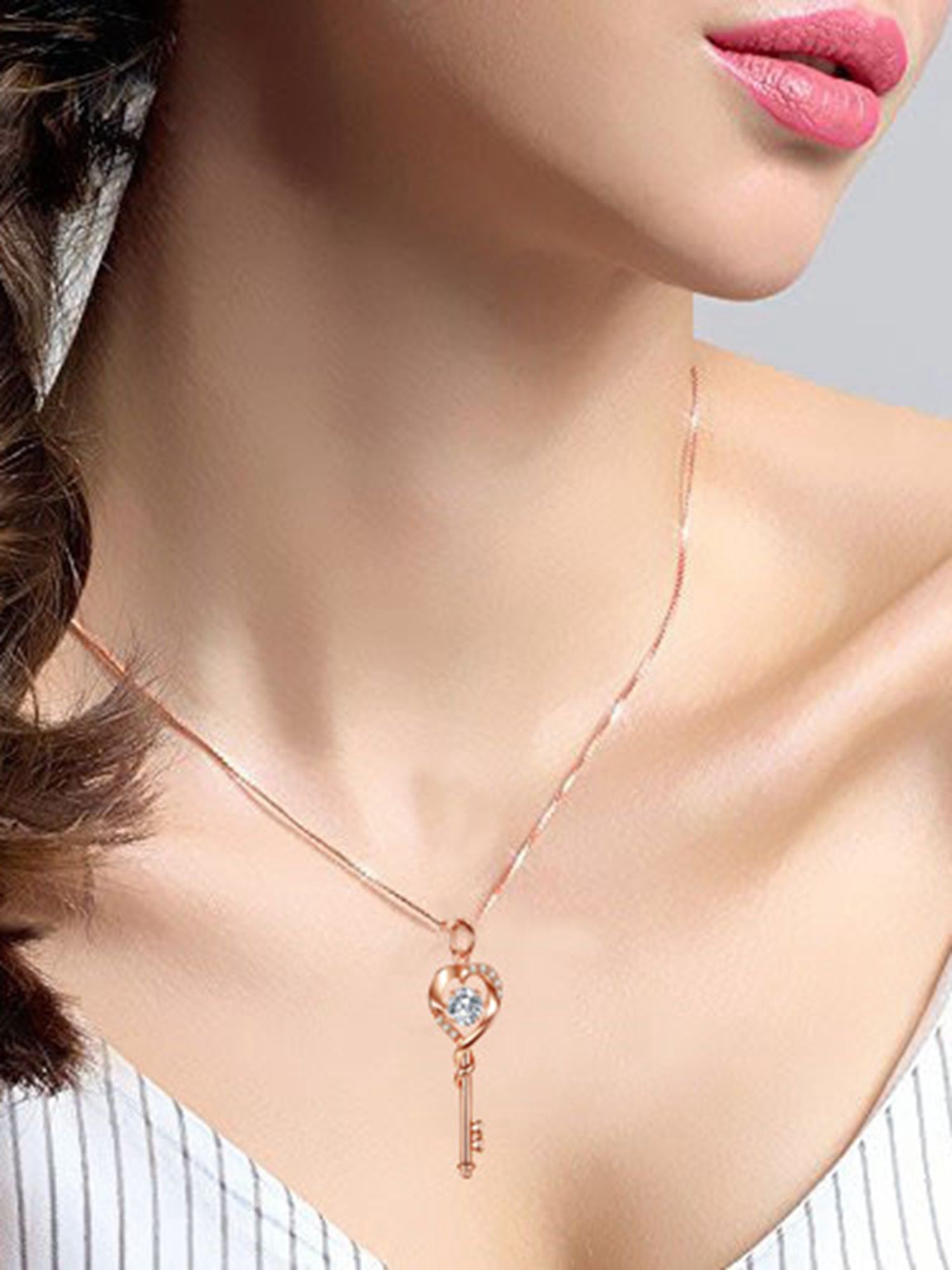 MABELLA Dancing Diamond Key to Heart Rose Gold Plated Sterling Silver Key Pendant Necklace, Mother's Day Gifts for Women