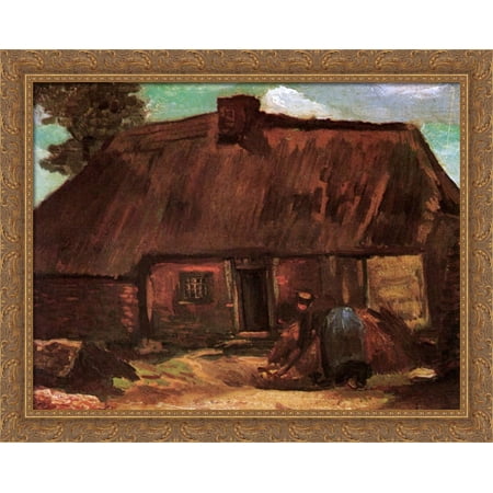 Cottage with Peasant Woman Digging 34x28 Large Gold Ornate Wood Framed Canvas Art by Vincent van Gogh