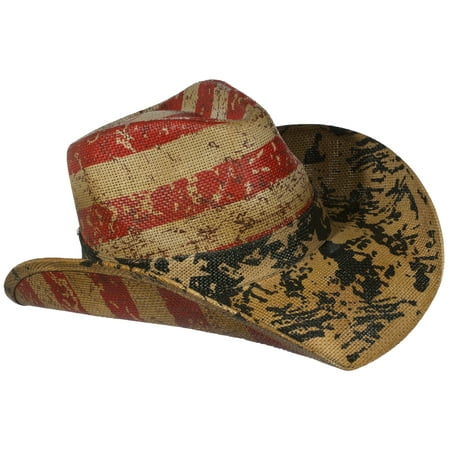 Tan Western Toyo Straw Distressed USA Flag Cowboy Hat w/ Elastic