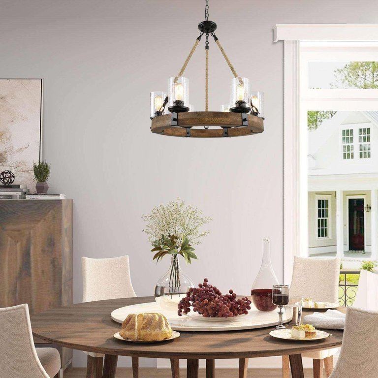 LALUZ 6-Light Farmhouse Chandelier - Wood Wagon Wheel Style, Adjustable Chain, Rustic Dining Room & Living Room Light Fixture