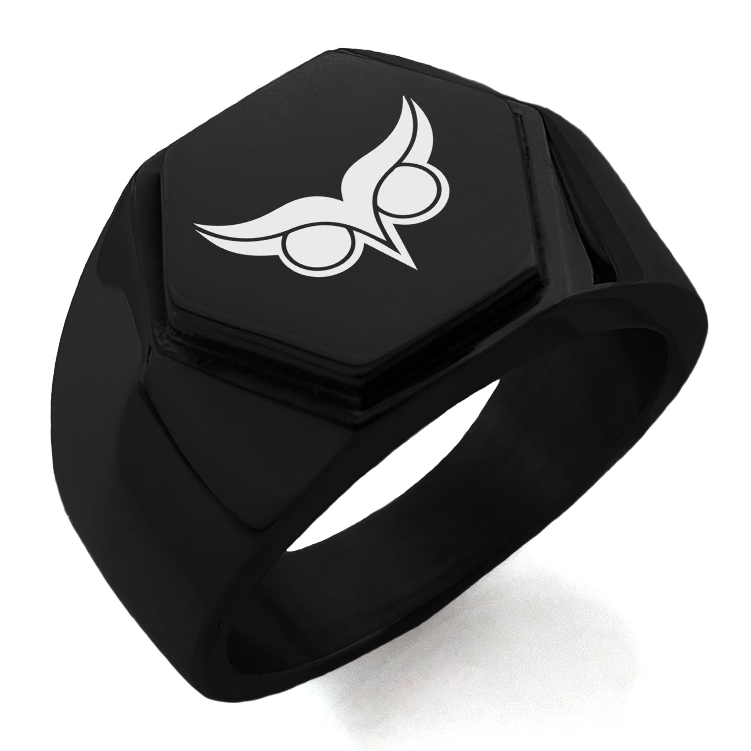 Stainless Steel Athena Greek Goddess of Wisdom Hexagon Crest Flat Top Biker Style Polished Ring 