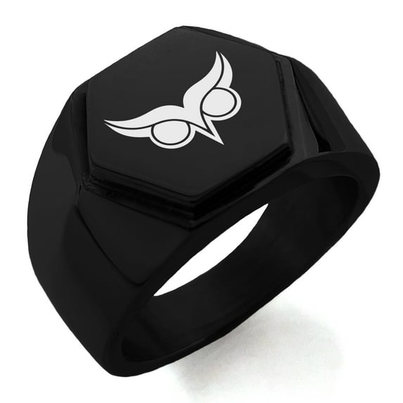 Stainless Steel Athena Greek Goddess of Wisdom Engraved Hexagon Crest Flat Top Biker Style Polished Ring