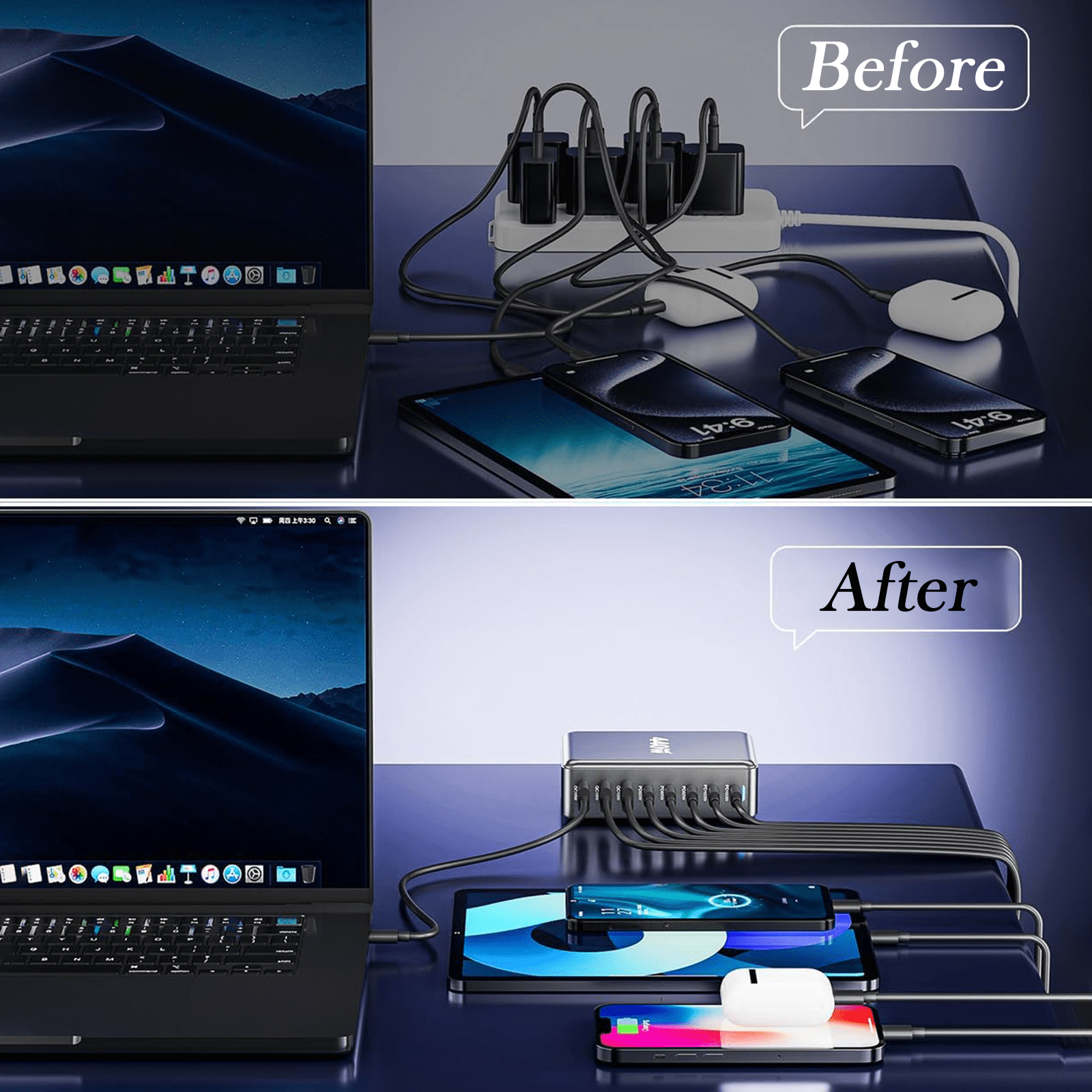 320W GaN 10-Port USB Type C Charging Station, 100W PD3.0 + QC3.0 Fast Charger Hub for Laptop, Phone, Tablet, Smartwatch - Safe & Reliable