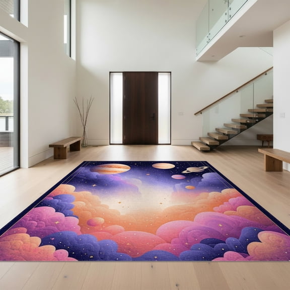 Design&I 8'x10' Washable Area Rug Extra Large Skid-Resistant Low Profile System Planet Chart With Galaxy Nebula And Learning Star Motifs for Living Room, Family