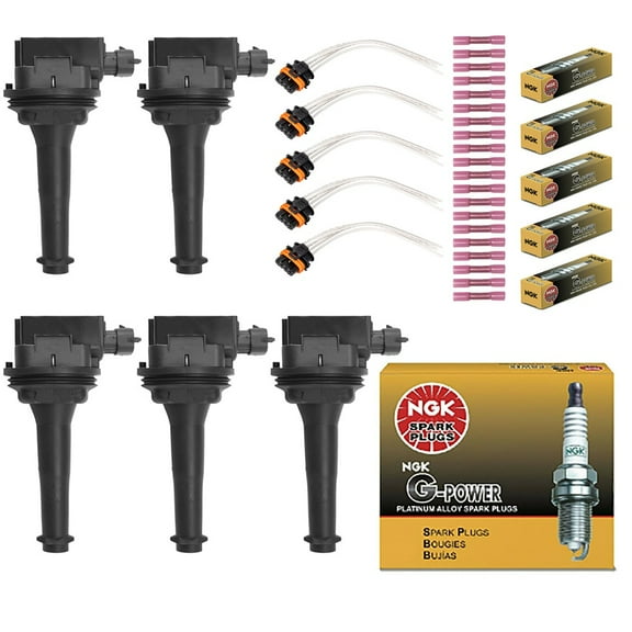Set of 5 ISA Ignition Coil & 5 platinum Spark Plug & 5 Ignition Coil Connector for 1999-2007 Volvo V70 S80 C70 S60 XC90 S70 XC70 l5 l6 2.3L 2.4L 2.5L 2.8L 2.9L Replacement For UF341