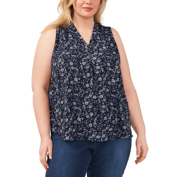 Plus Size V-Neck Sleeveless Floral Top Classic Navy 2X