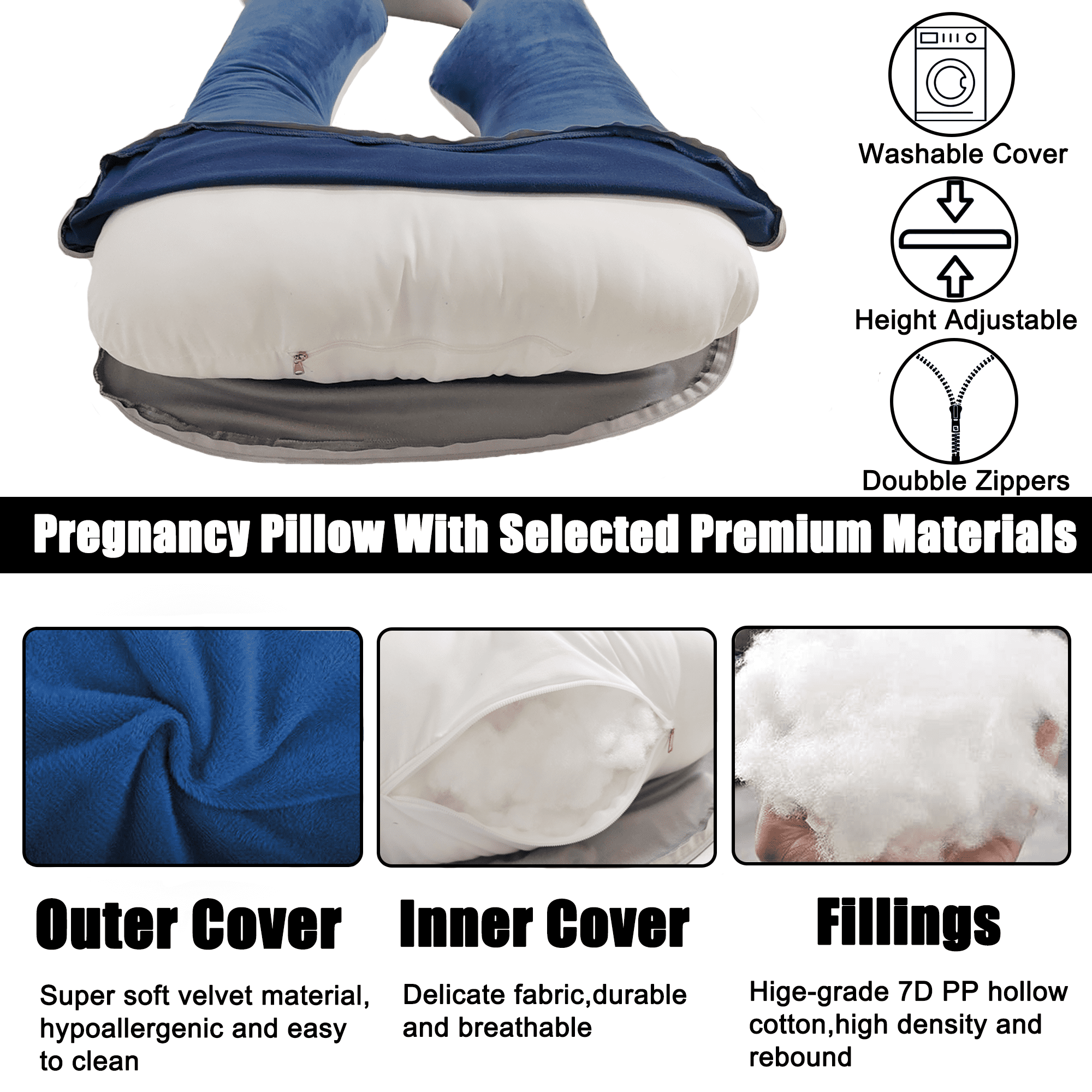 COOKEY Pregnancy Pillow with Removable Velvet Cover,U Shaped Full Body Maternity Pillows for Sleeping 72inch,Gray&Navy blue