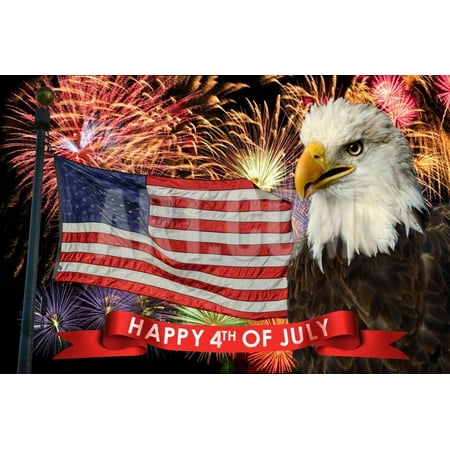 Fireworks Display during Fourth of July with American Flag and Bald Eagle Print Wall Art By Gino Santa