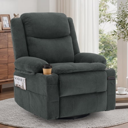 Korser 360°Swivel Rocker Recliner for Adults with Massage & Heat,Nursery Glider Recliner with Cup Holders Manual Recliner Chair with Side Pockets for Living Room,Grey