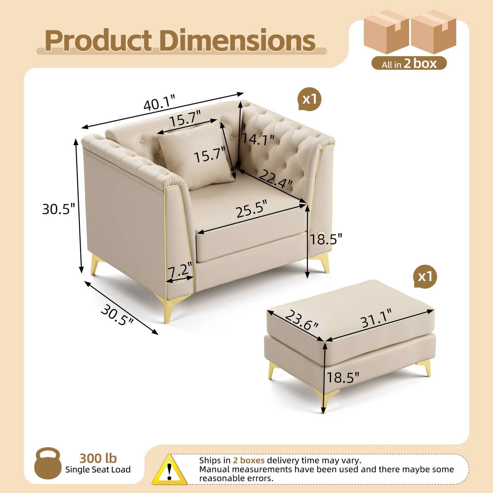 MAYEERTY 40.1" Light Luxury Modular Chesterfield Single Sofa with Ottoman, Faux‑Leather Chair with Button Tufting, Metal‑Trim Armrest & Slim Metal Legs, 1 Pillow Included