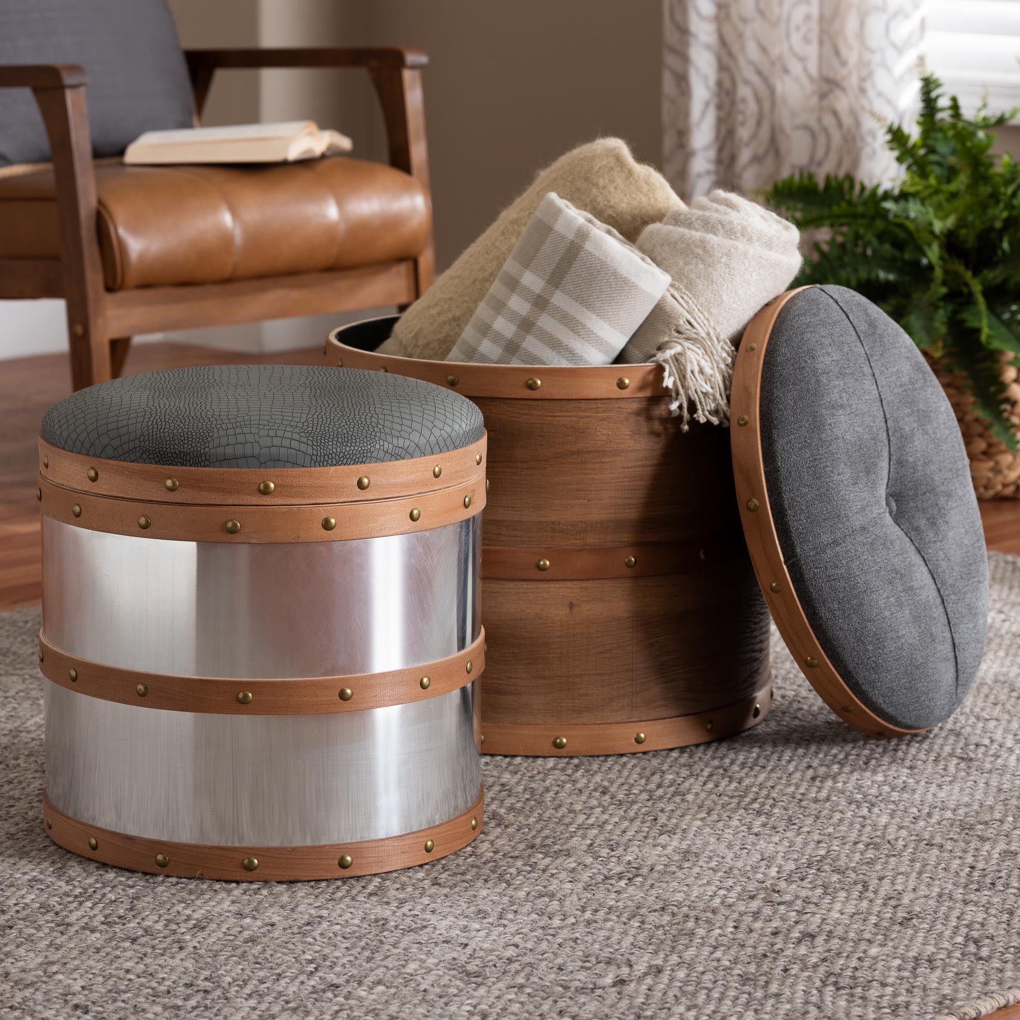 Baxton Studio Caleb Modern Grey Fabric and Alligator Faux Leather 2-Piece Storage Ottoman Set
