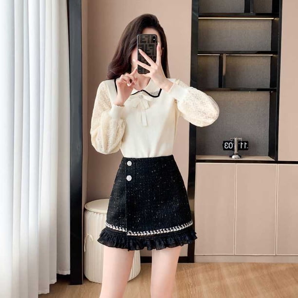 Video filmado Fujia Qianjin socialité con cuentas y costura de encaje suéter grueso traje de falda de tweed para mujer