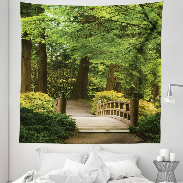 Forest Tapestry, Wooden Bridge over Pond in Garden Calmness in