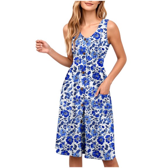 Women's Summer Sleeveless Dresses Botton A-Line Midi Dresses Casual Floral T-Shirt Dress Flowy Beach Sundress With Pockets Multicolor
