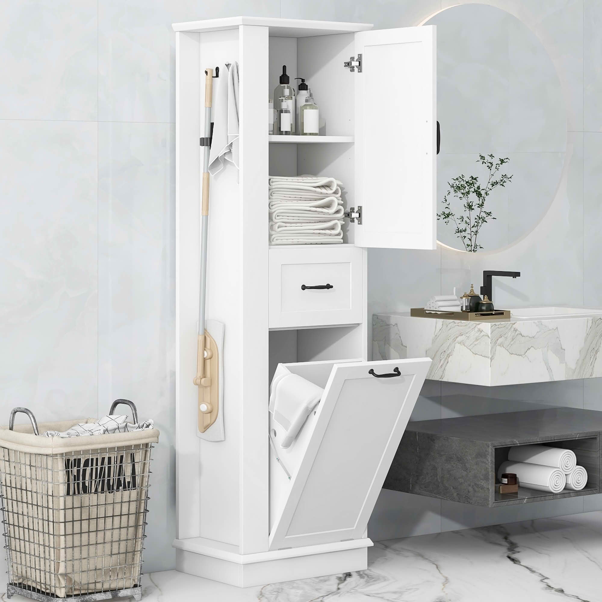 MAYEERTY Modern Tall Storage Cabinet, Tilt-Out Compartment Adjustable Shelves 80LBS Capacity Soft-Close Hinges Aluminum Alloy Handles, Bathroom Home Organization